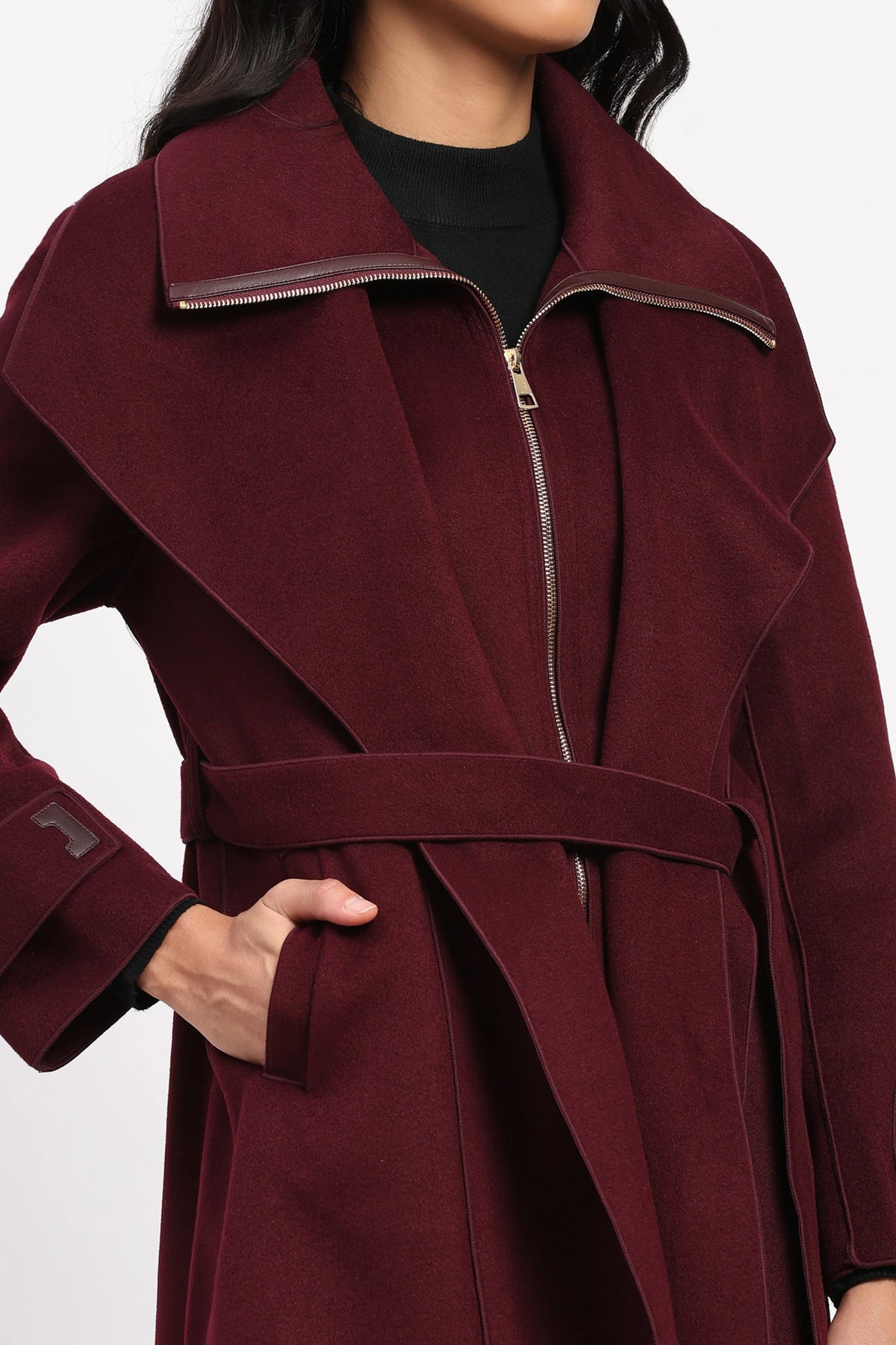 Wine Double Layered Belted Coat-Global Republic