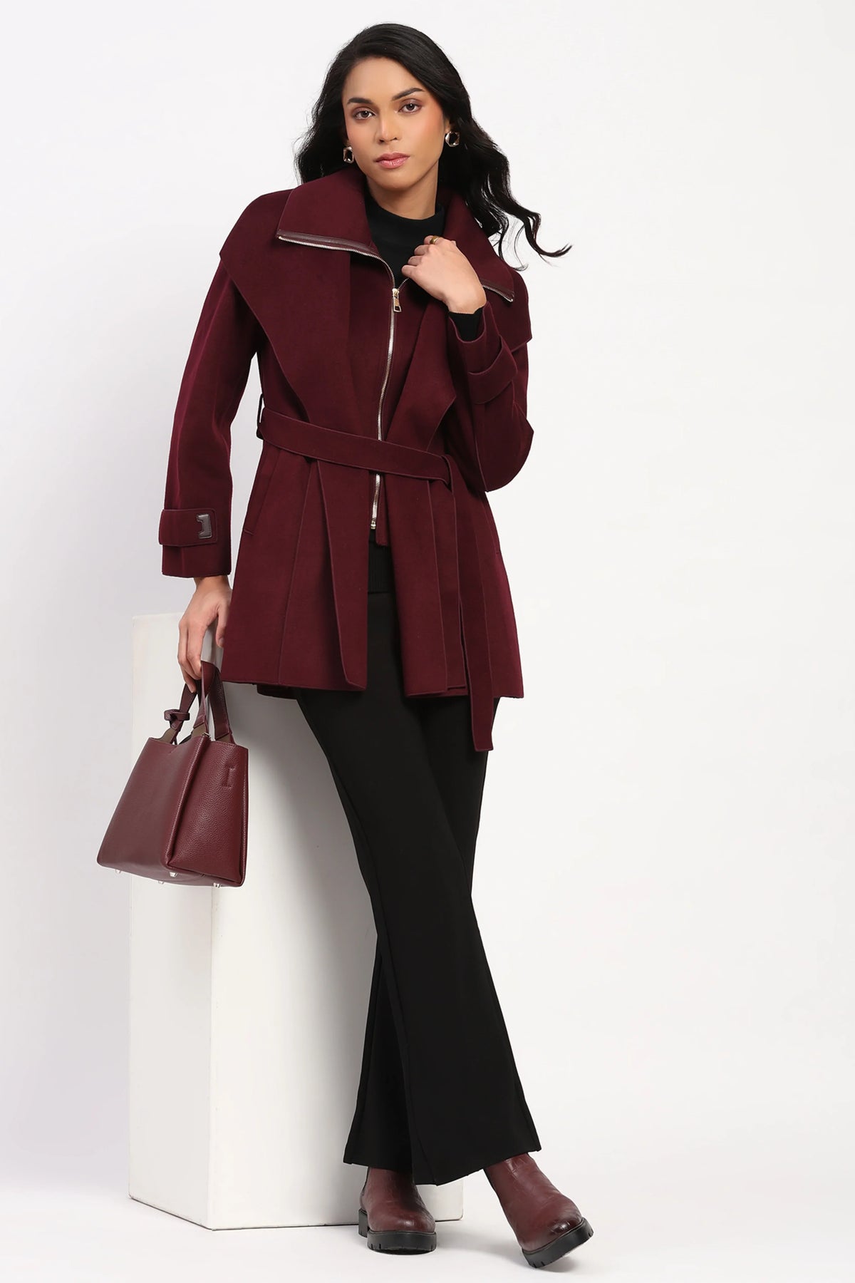 Wine Double Layered Belted Coat-Global Republic