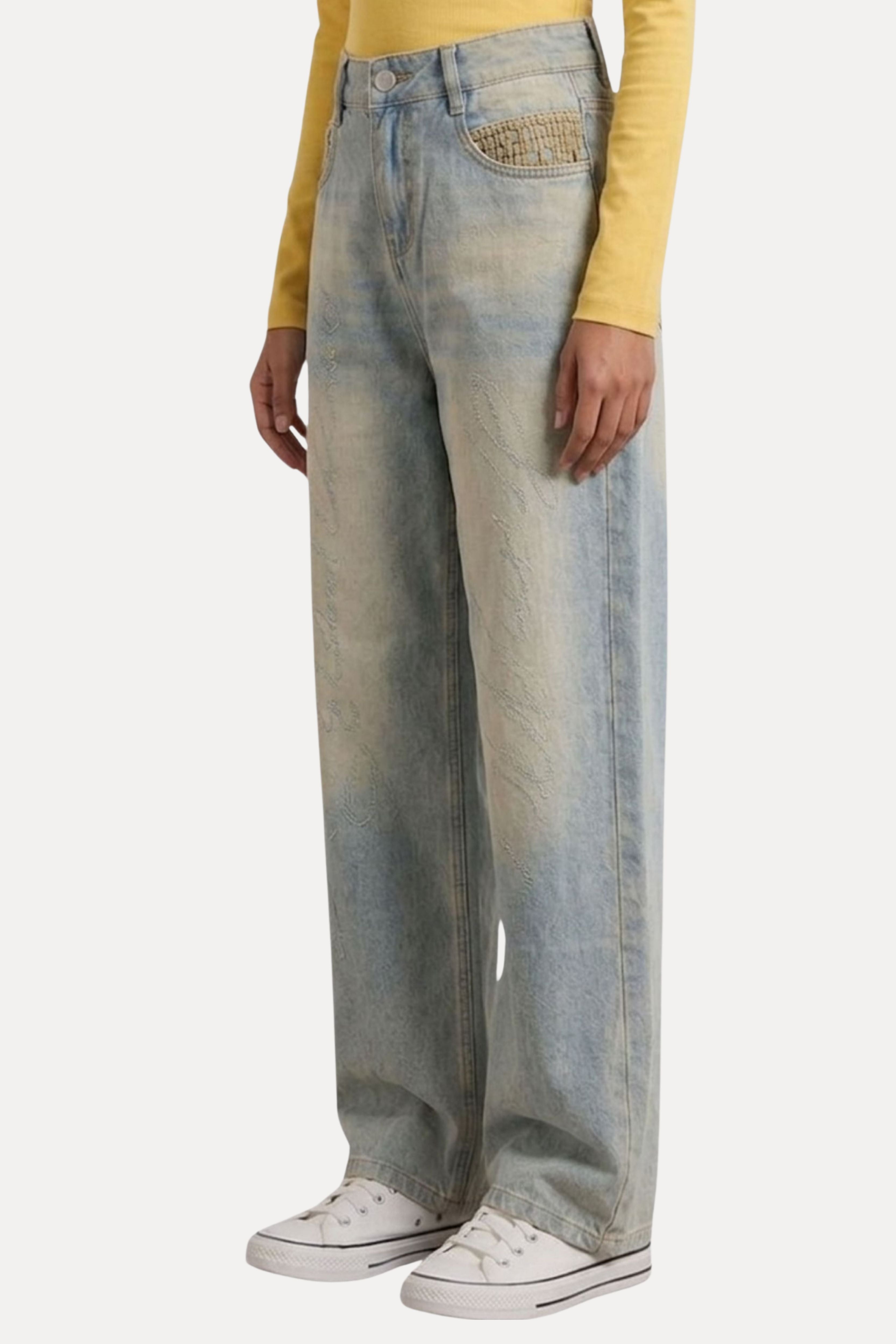 Light Greenish Blue Washed Studded Baggy Jeans