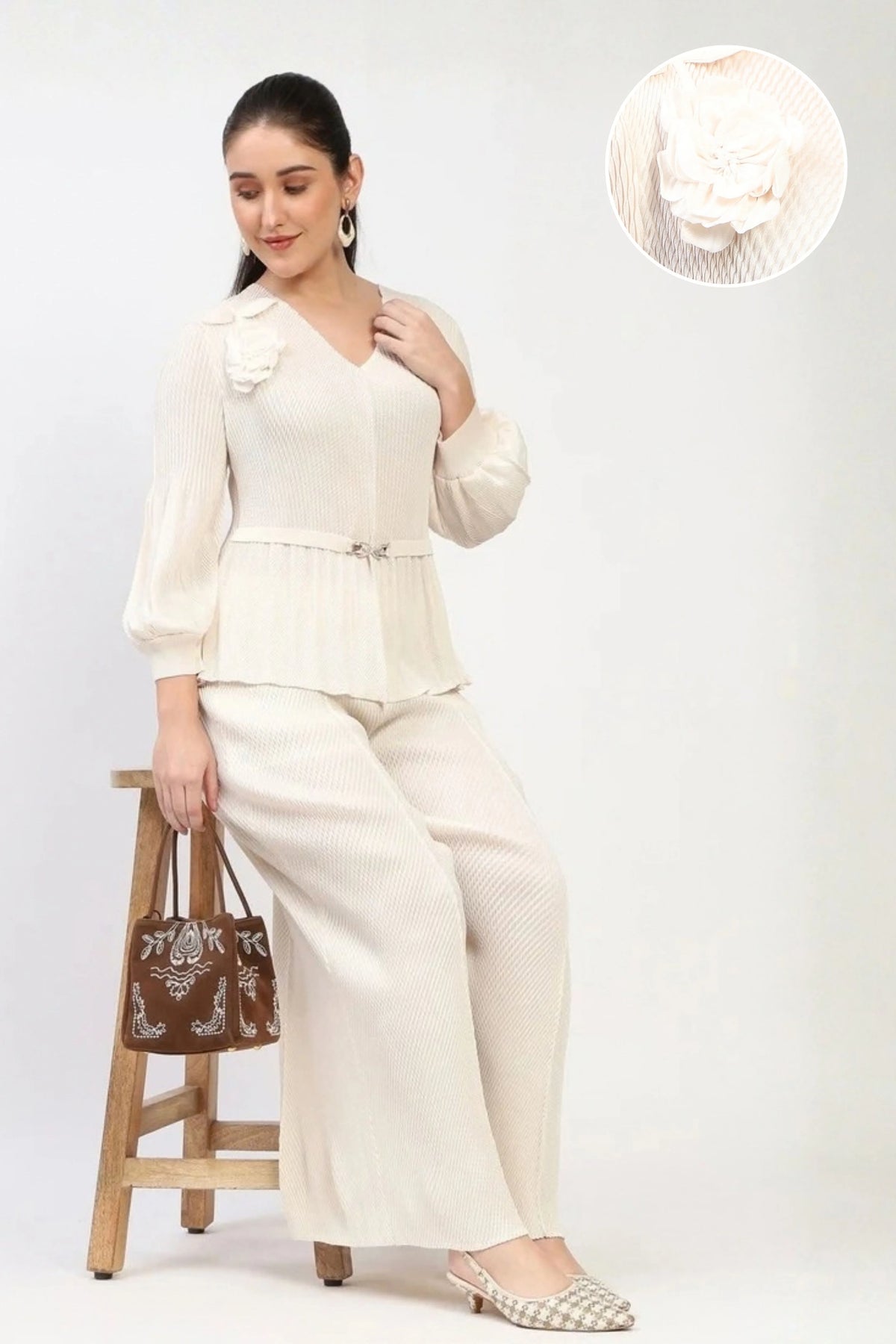 Cream Pleated Co-ord Set