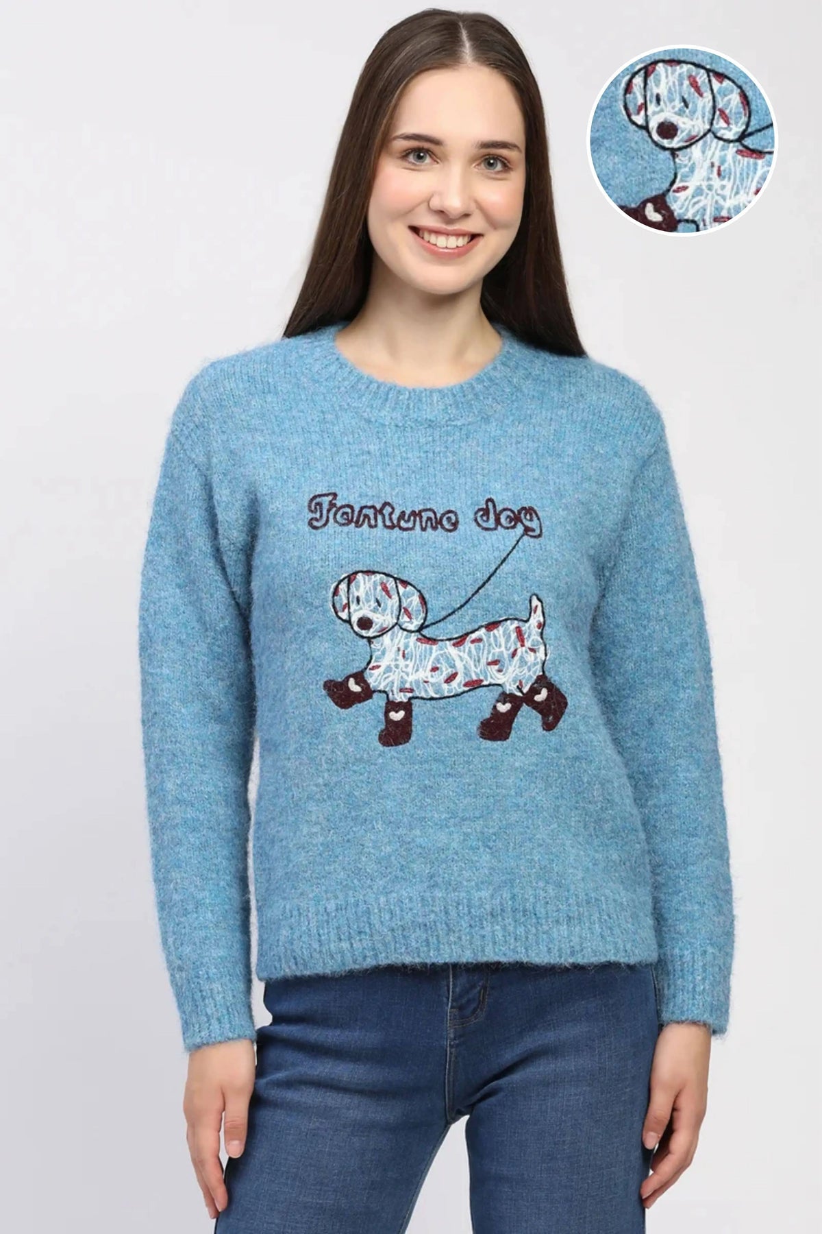 Blue Fortune Dog Embroidered Pullover