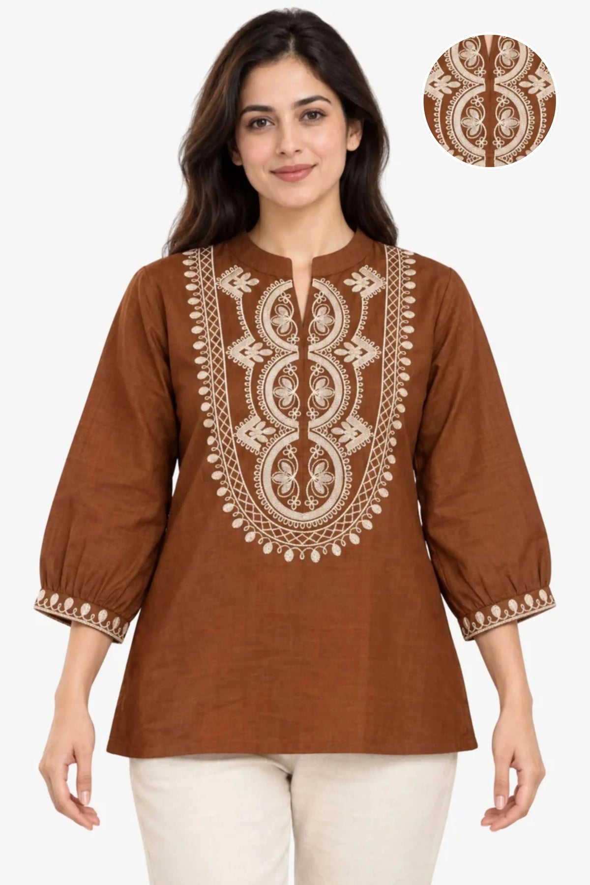 Brown Embroidered Cotton Top