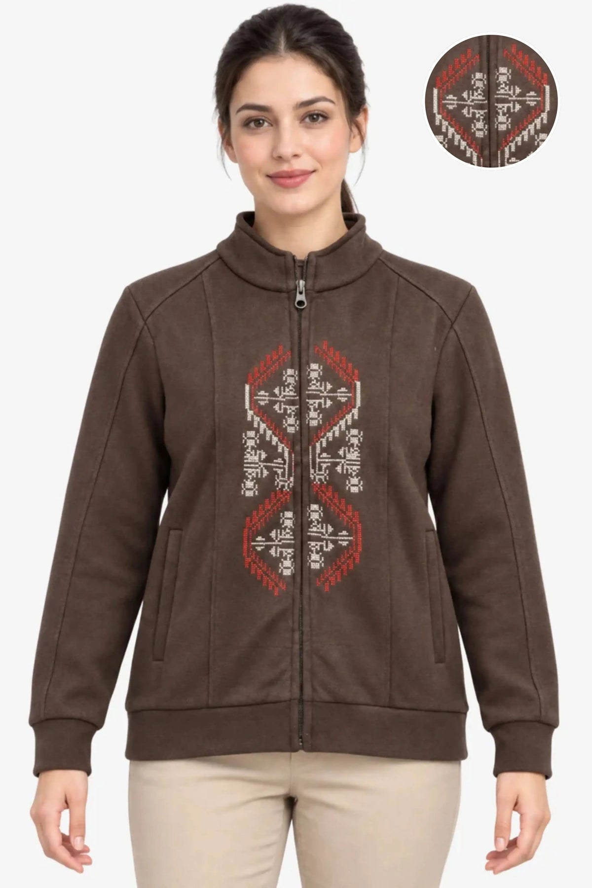 Coffee Brown Embroidered Zip Sweatshirt
