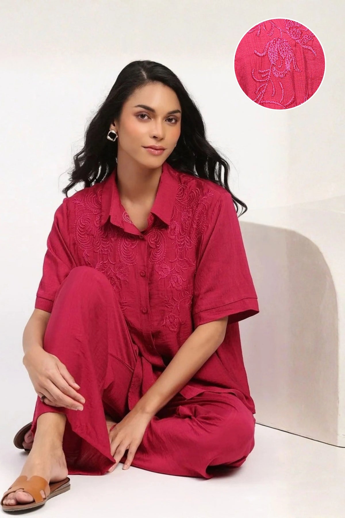 Magenta Floral Embroidered Set