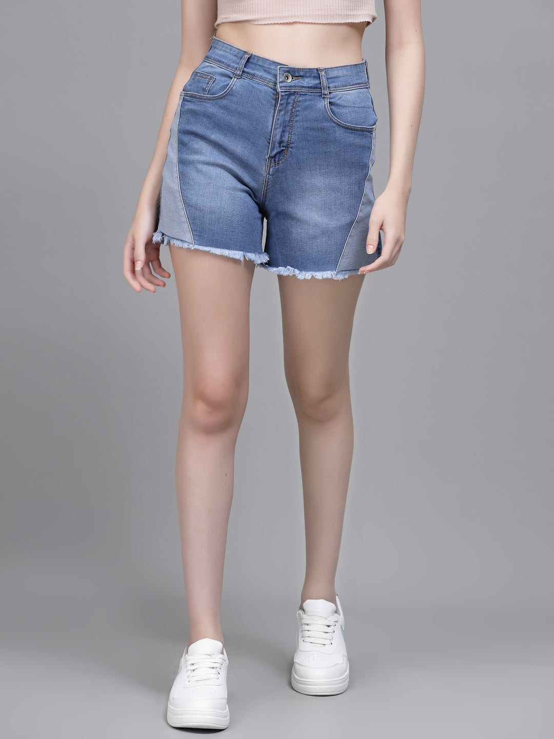Women Blue Denim Solid Frayed Shorts - Global Republic