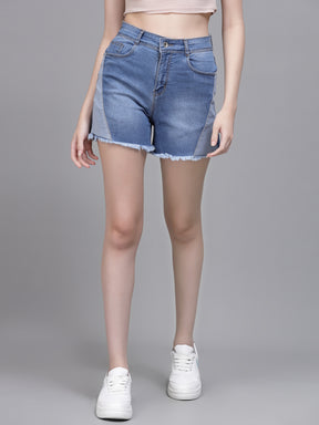 Women Blue Denim Solid Frayed Shorts