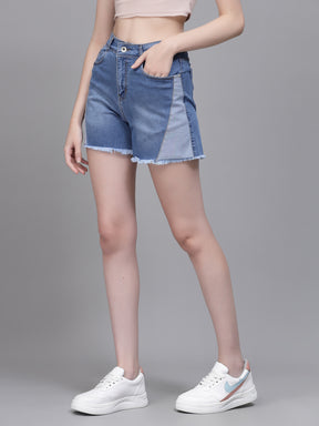 Women Blue Cotton Solid Shorts