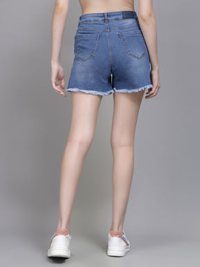 Women Blue Denim Solid Frayed Shorts