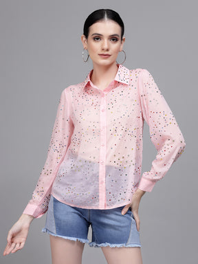 Women Pink Straight Fit Collar Neck Embellished Shirt