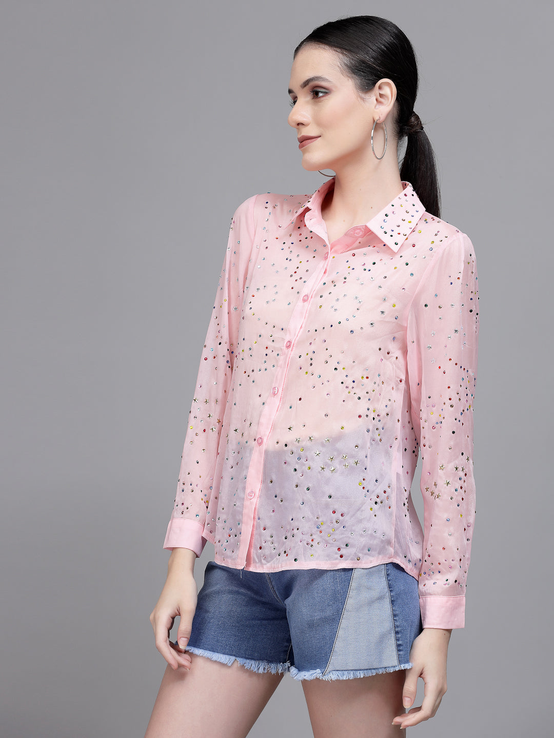 Women Pink Straight Fit Collar Neck Embellished Shirt