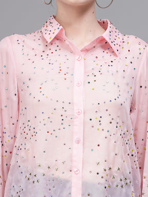 Women Pink Straight Fit Collar Neck Embellished Shirt