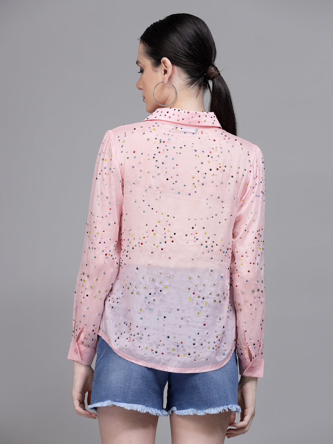 Women Pink Straight Fit Collar Neck Embellished Shirt
