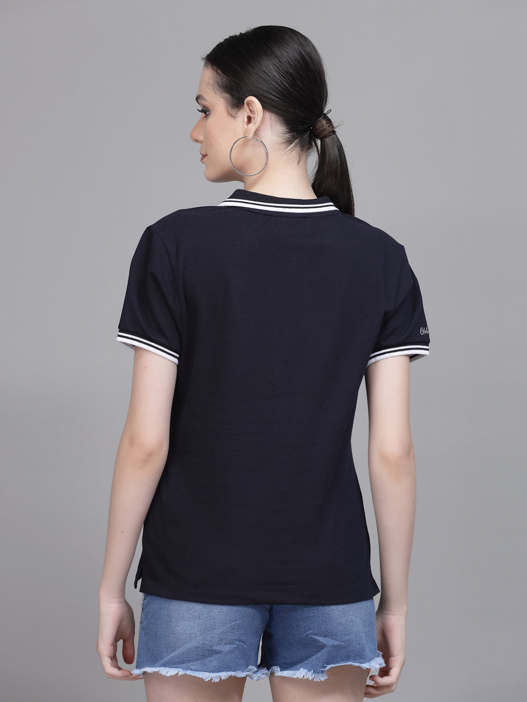 Women Regular Fit Polo Neck Navy Blue T-Shirt