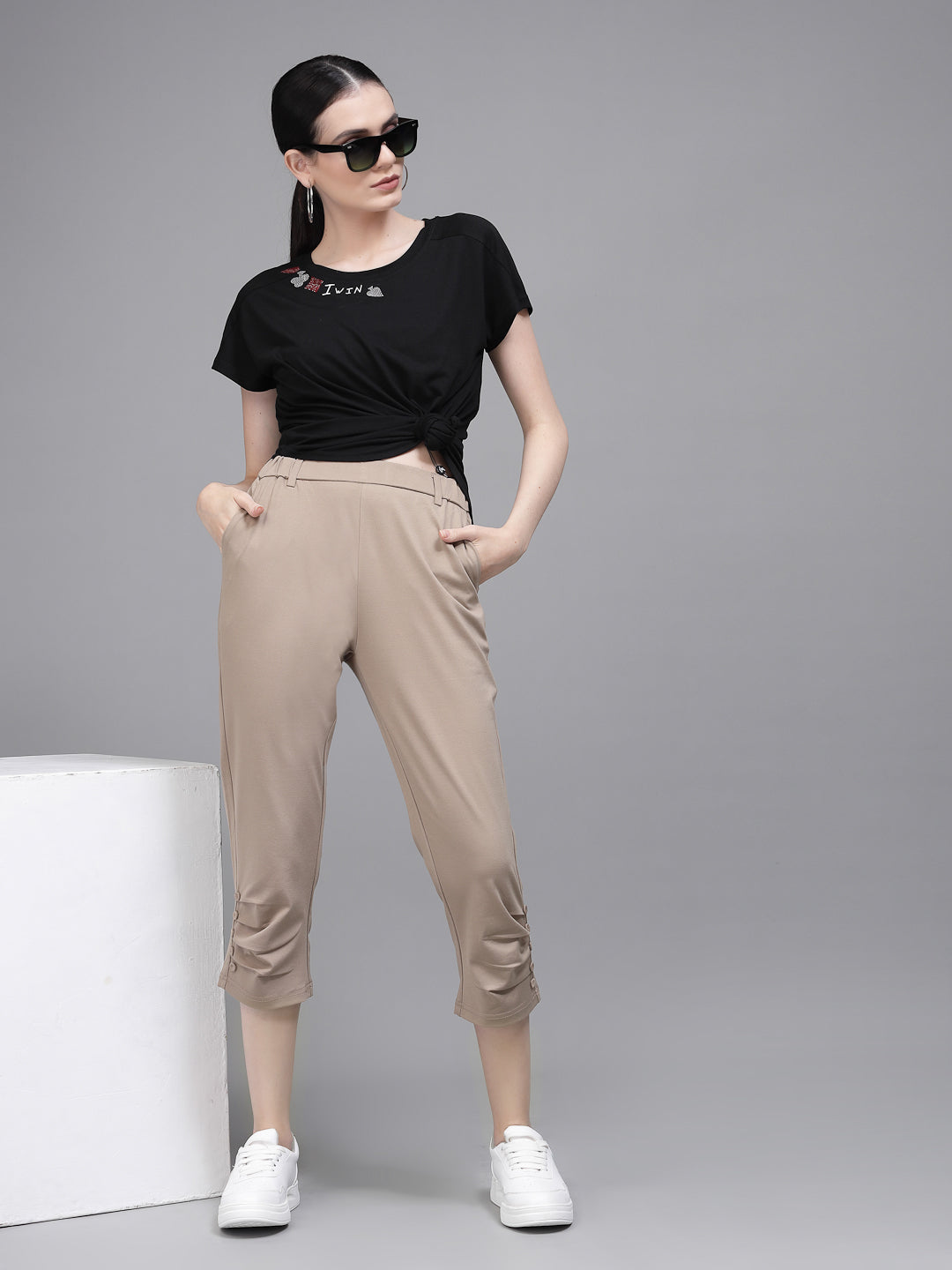 Women Beige Polyester Solid Capri