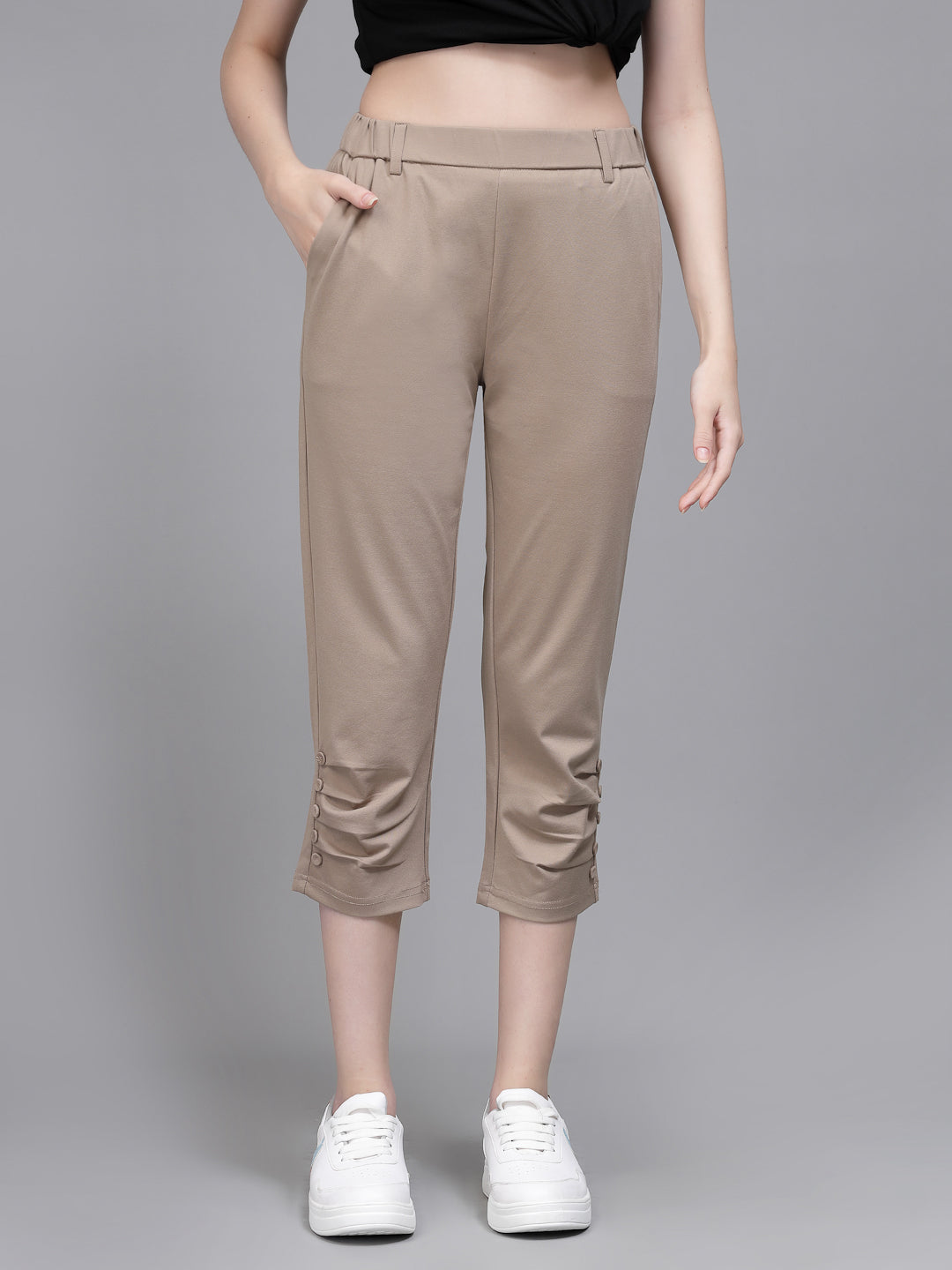 Beige Cotton Blend Solid Capri - Global Republic