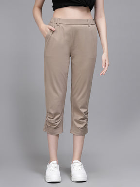 Women Beige Polyester Solid Capri