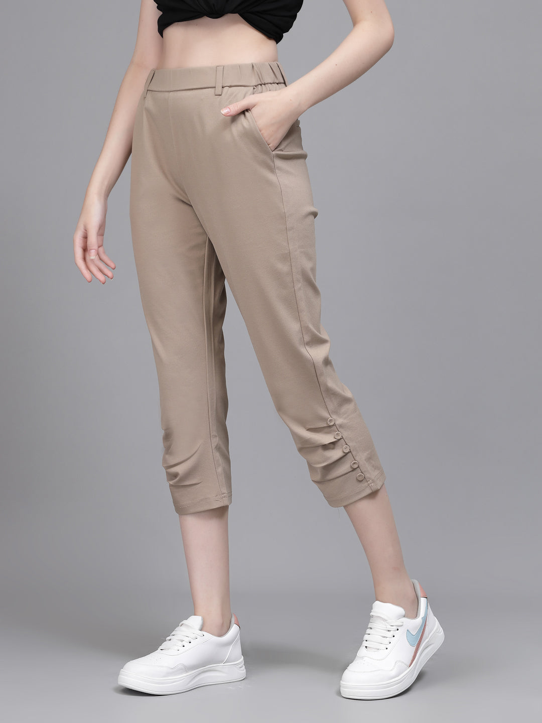 Women Beige Cotton Blend Solid Capri