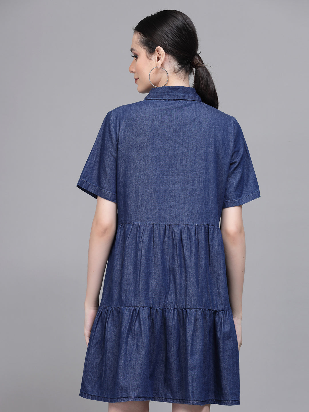 Women Blue Collar Neck Denim Dress