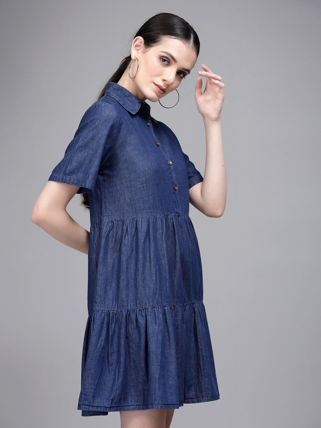 Women Blue Collar Neck Denim Dress