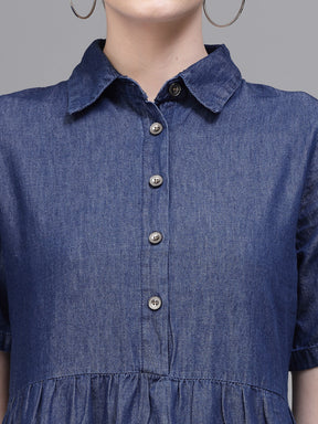 Women Blue Collar Neck Denim Dress