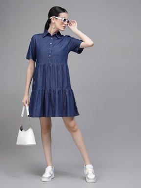 Women Blue Collar Neck Denim Dress
