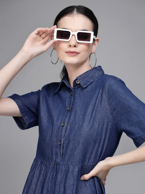 Women Blue Collar Neck Denim Dress