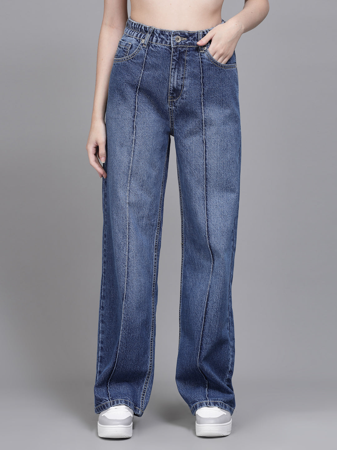 Women Baggy Fit Wide Leg Stretchable Blue Jeans