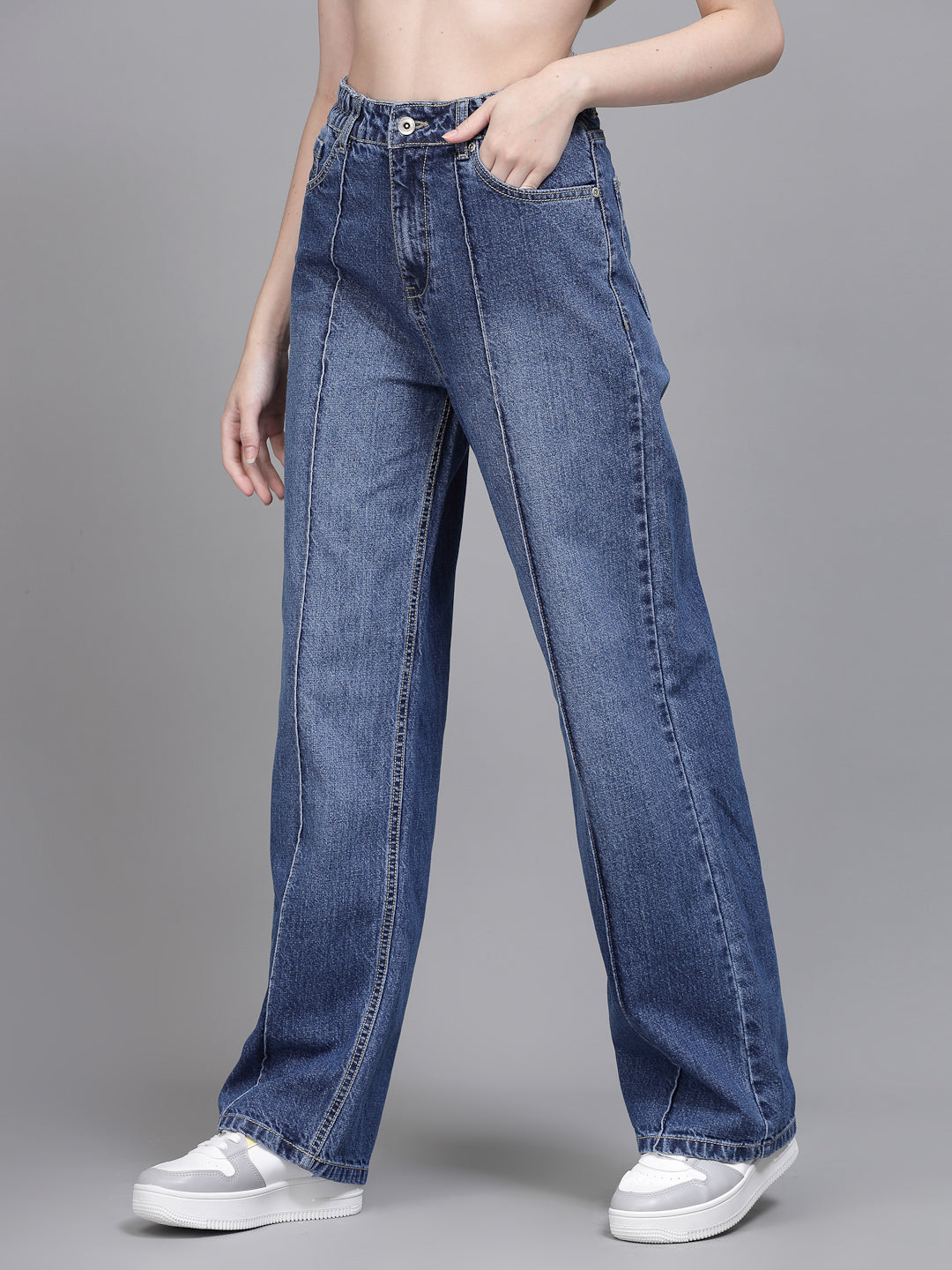 Women Baggy Fit Wide Leg Stretchable Blue Jeans