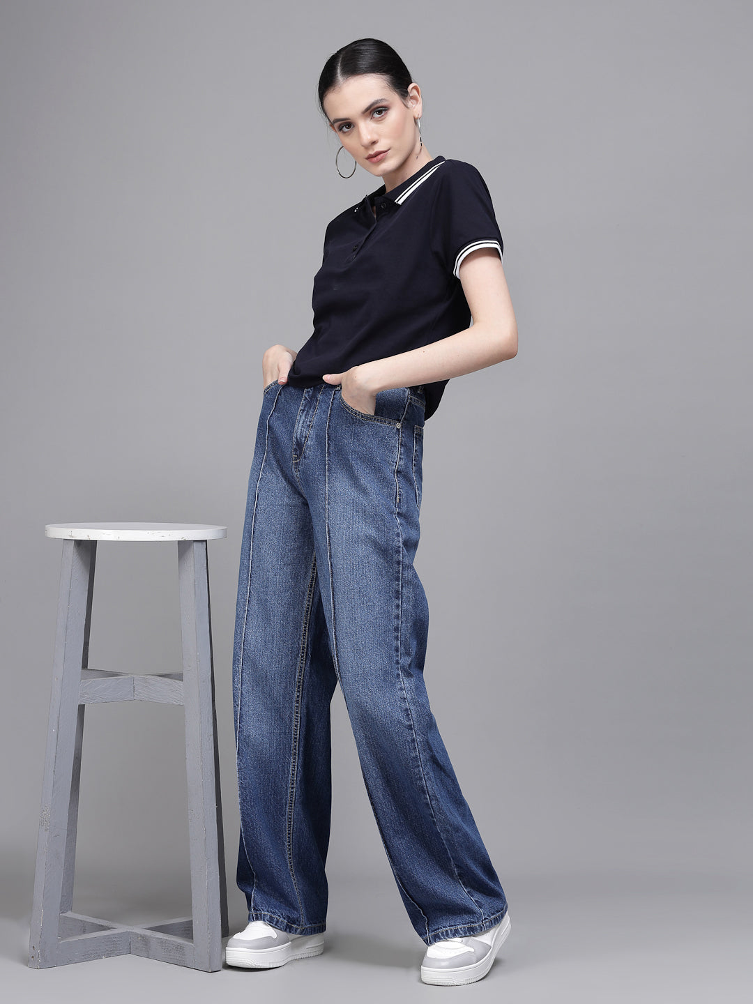 Women Baggy Fit Wide Leg Stretchable Blue Jeans