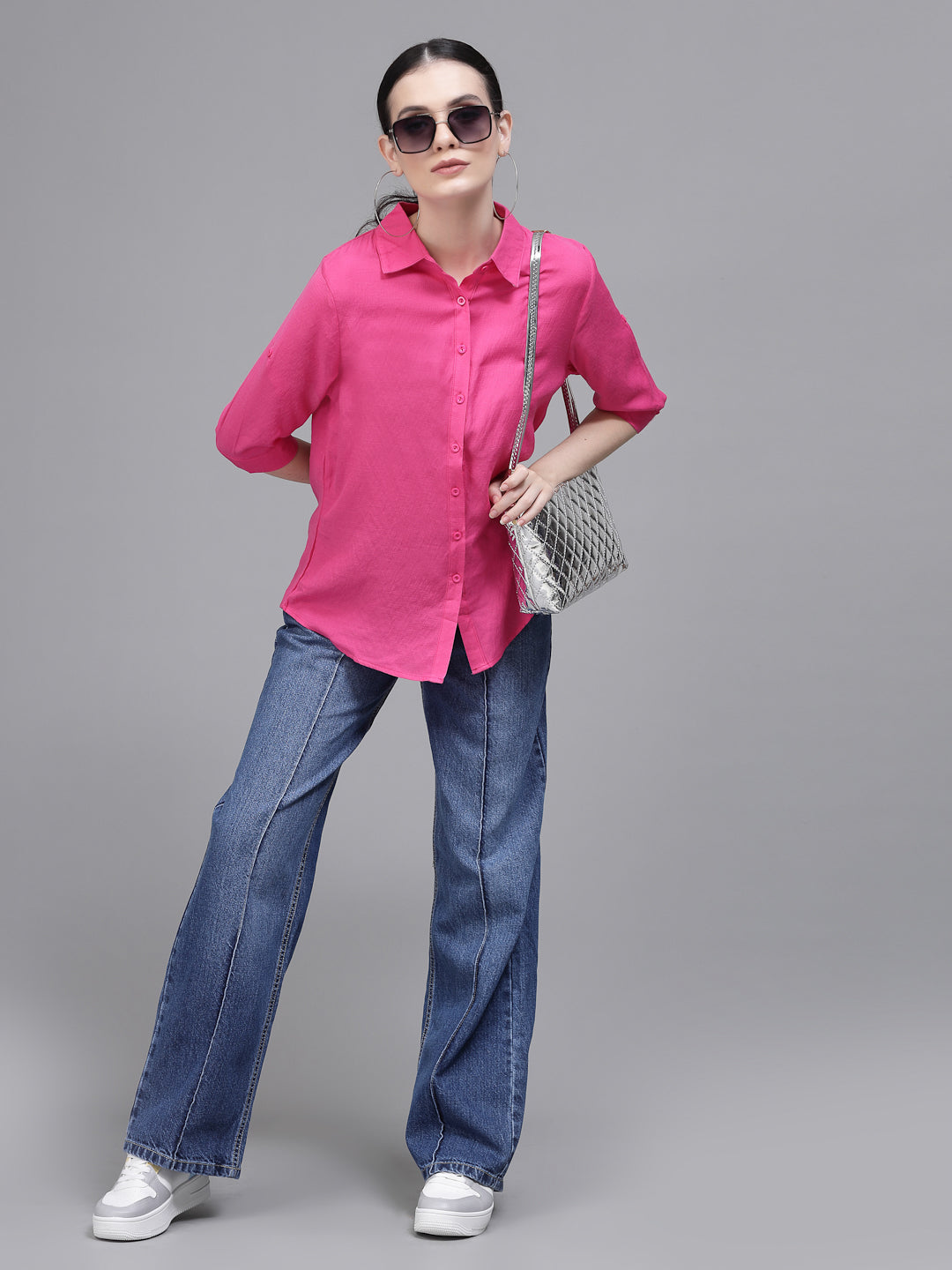 Women Hot Pink Collar Neck Regular Fit Shirt