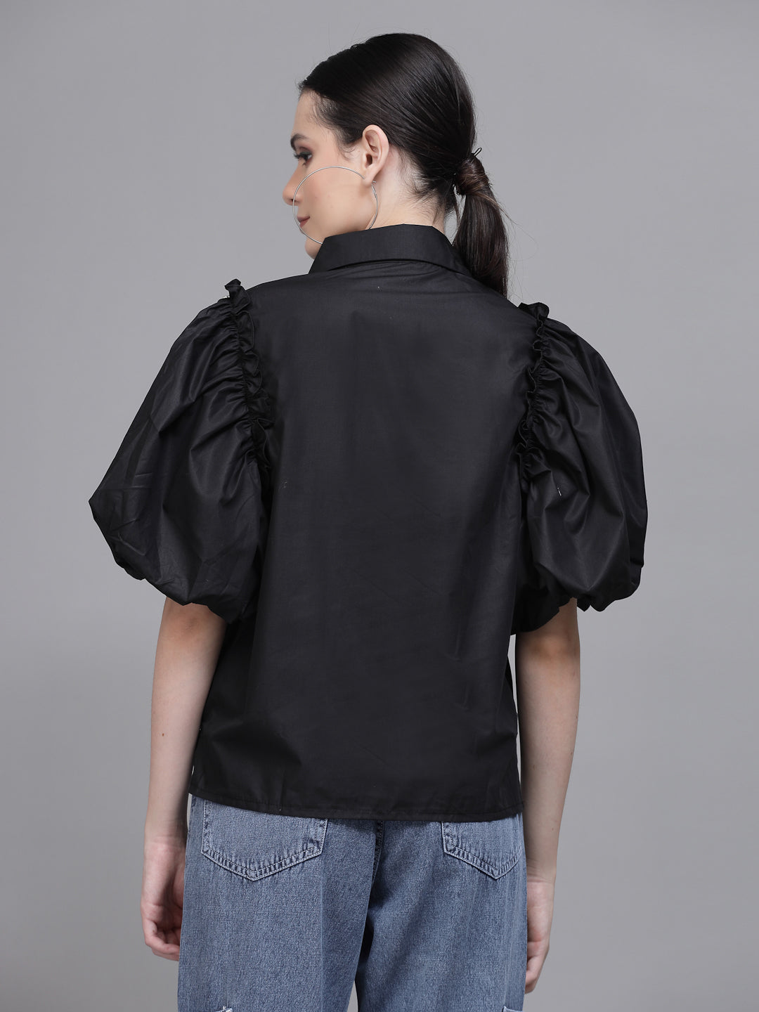 Women Black Collar Neck Puffed Sleeves Shirt - Global Republic