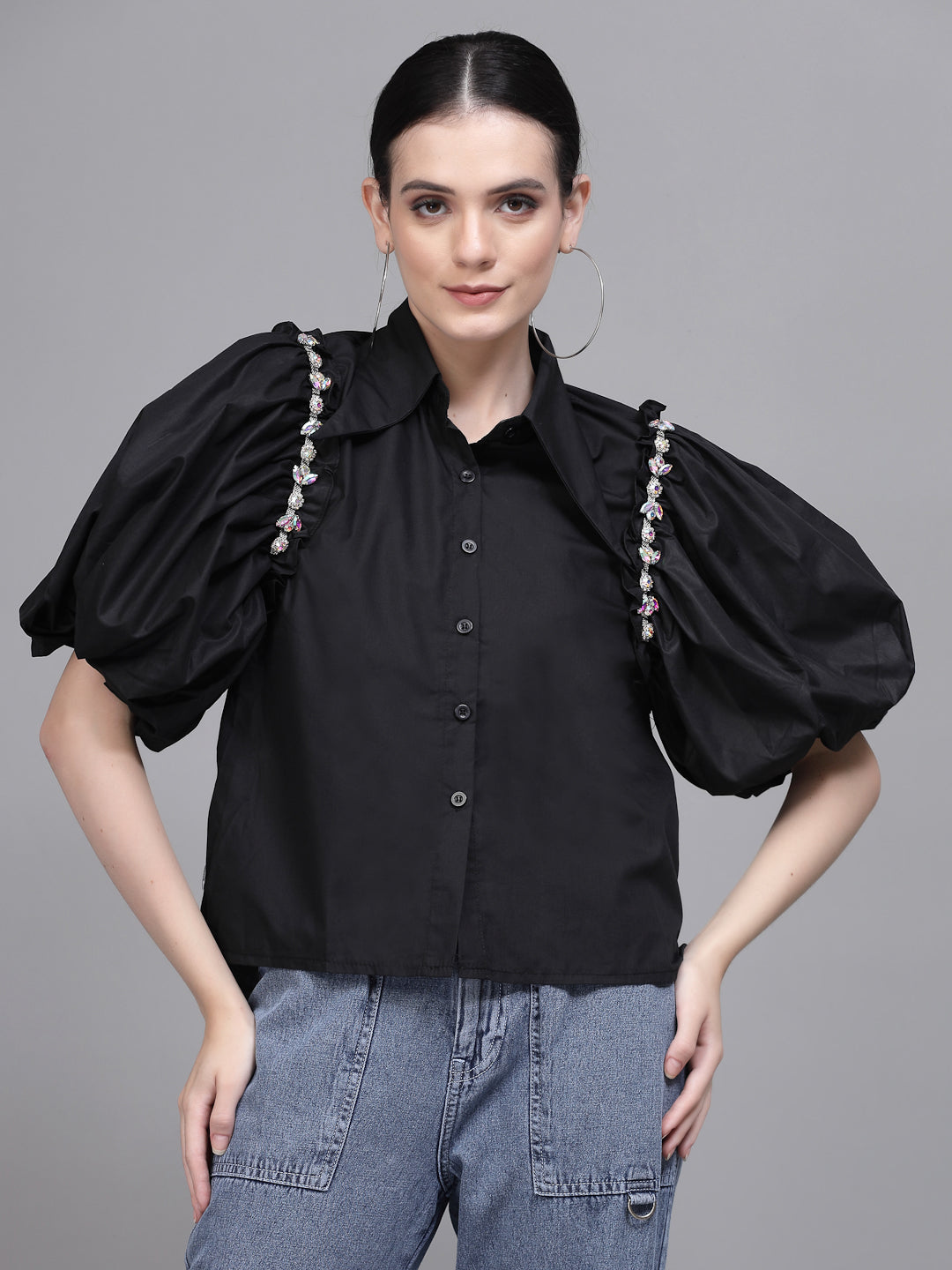 Women Black Collar Neck Puffed Sleeves Shirt - Global Republic