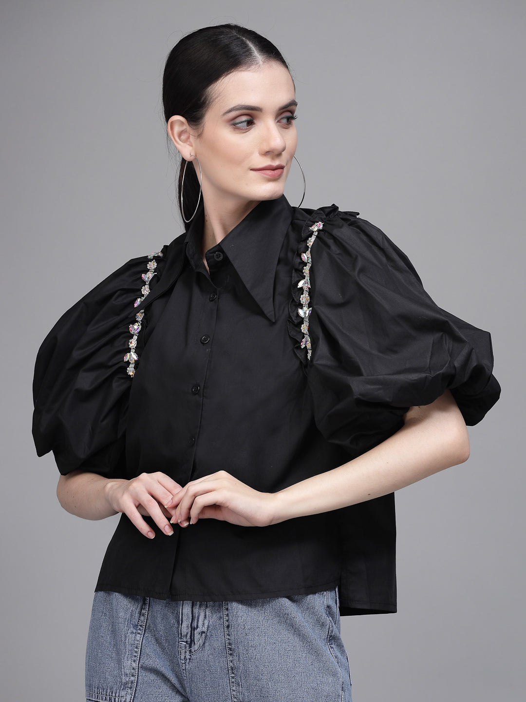 Women Black Collar Neck Puffed Sleeves Shirt - Global Republic