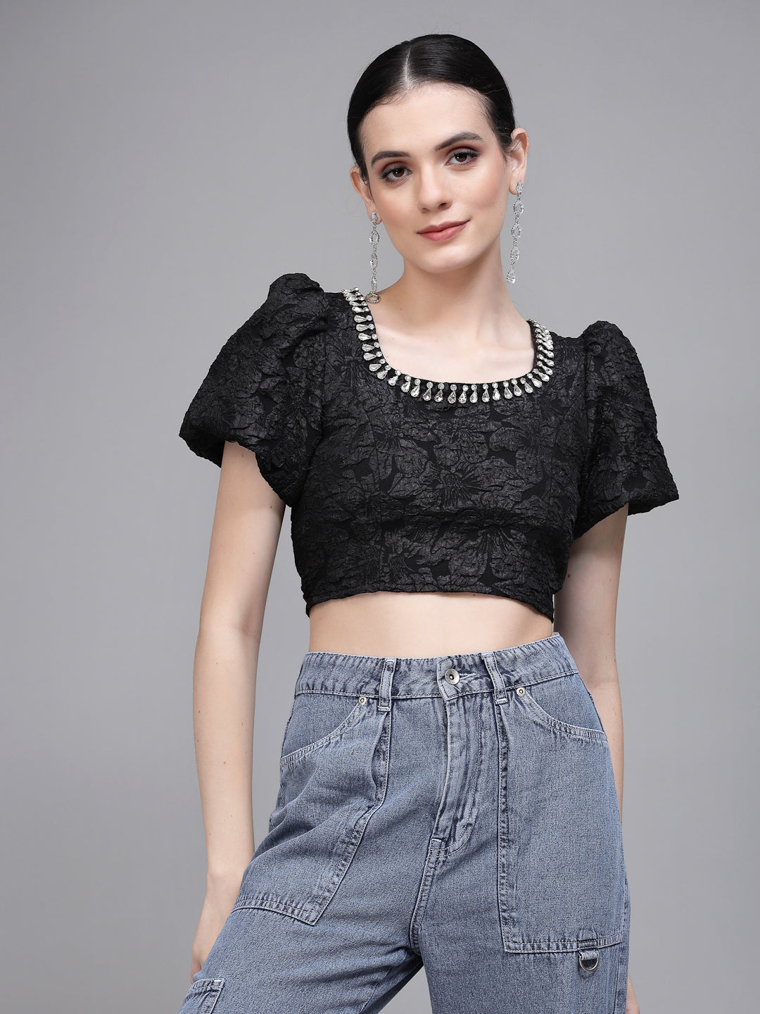 Black Jacquard Embellished Crop Top