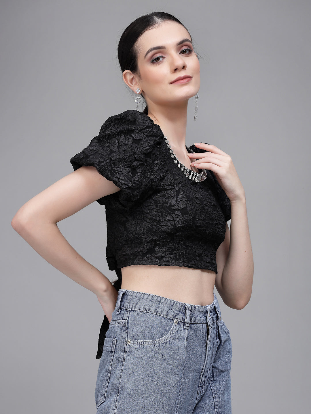 Black Jacquard Embellished Crop Top