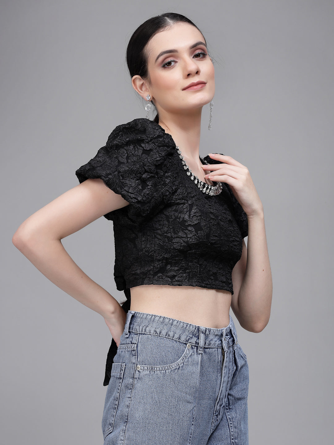 Women Square Neck Embroidered Cropped Blouson Top
