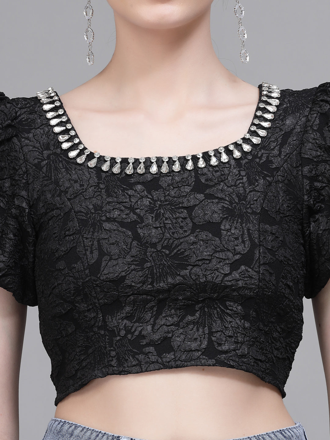 Black Jacquard Embellished Crop Top