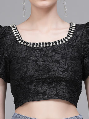Black Jacquard Embellished Crop Top