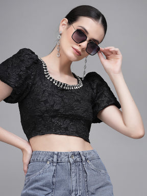 Black Jacquard Embellished Crop Top