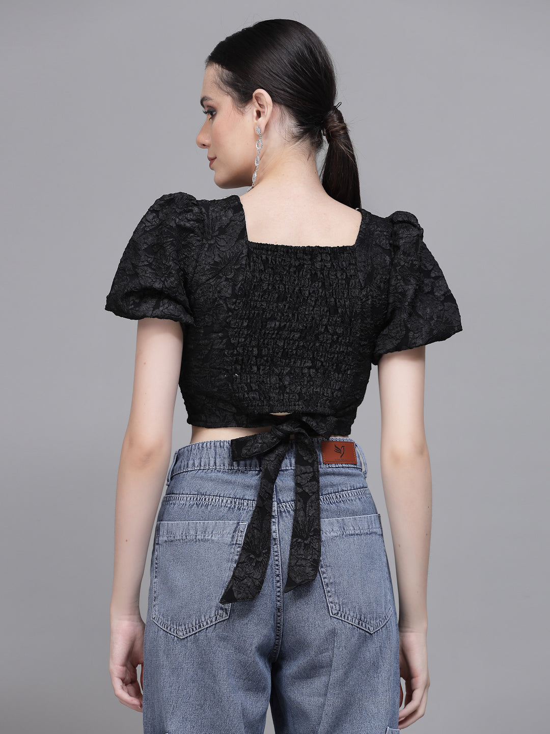 Black Jacquard Embellished Crop Top