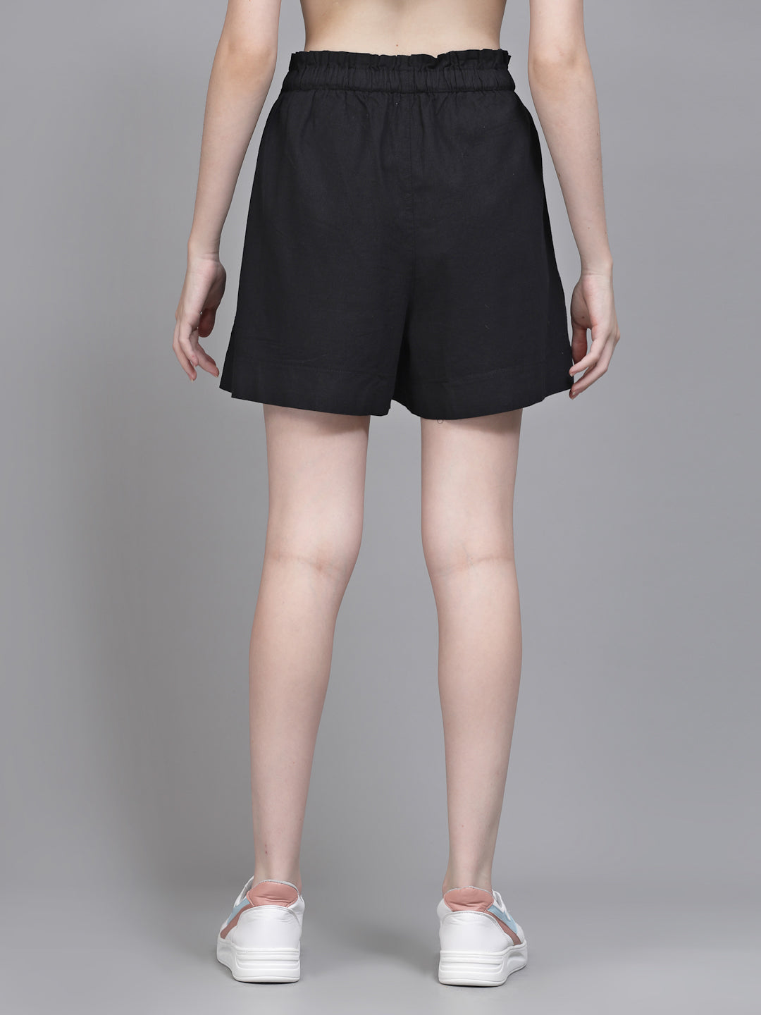 Women Black Cotton Solid Shorts