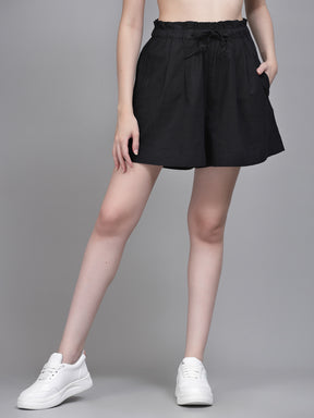 Women Black Cotton Solid Shorts