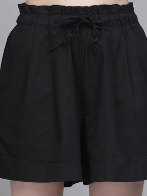 Women Black Cotton Solid Shorts