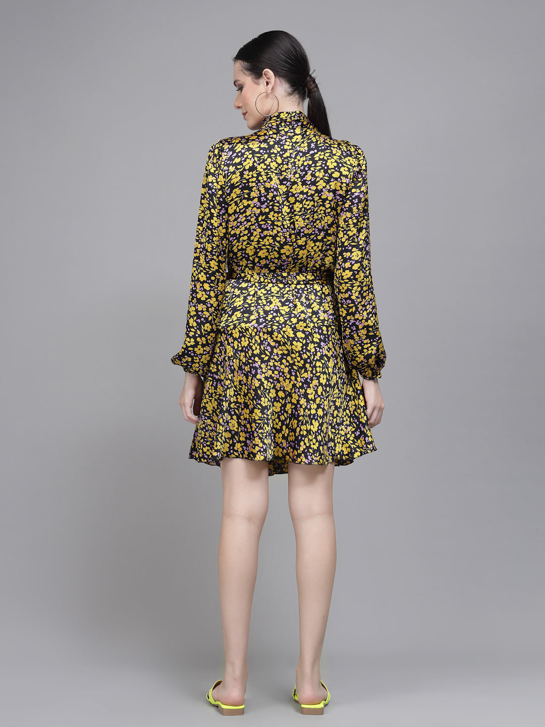 Women Yellow Collar Neck Printed Wrap Dress