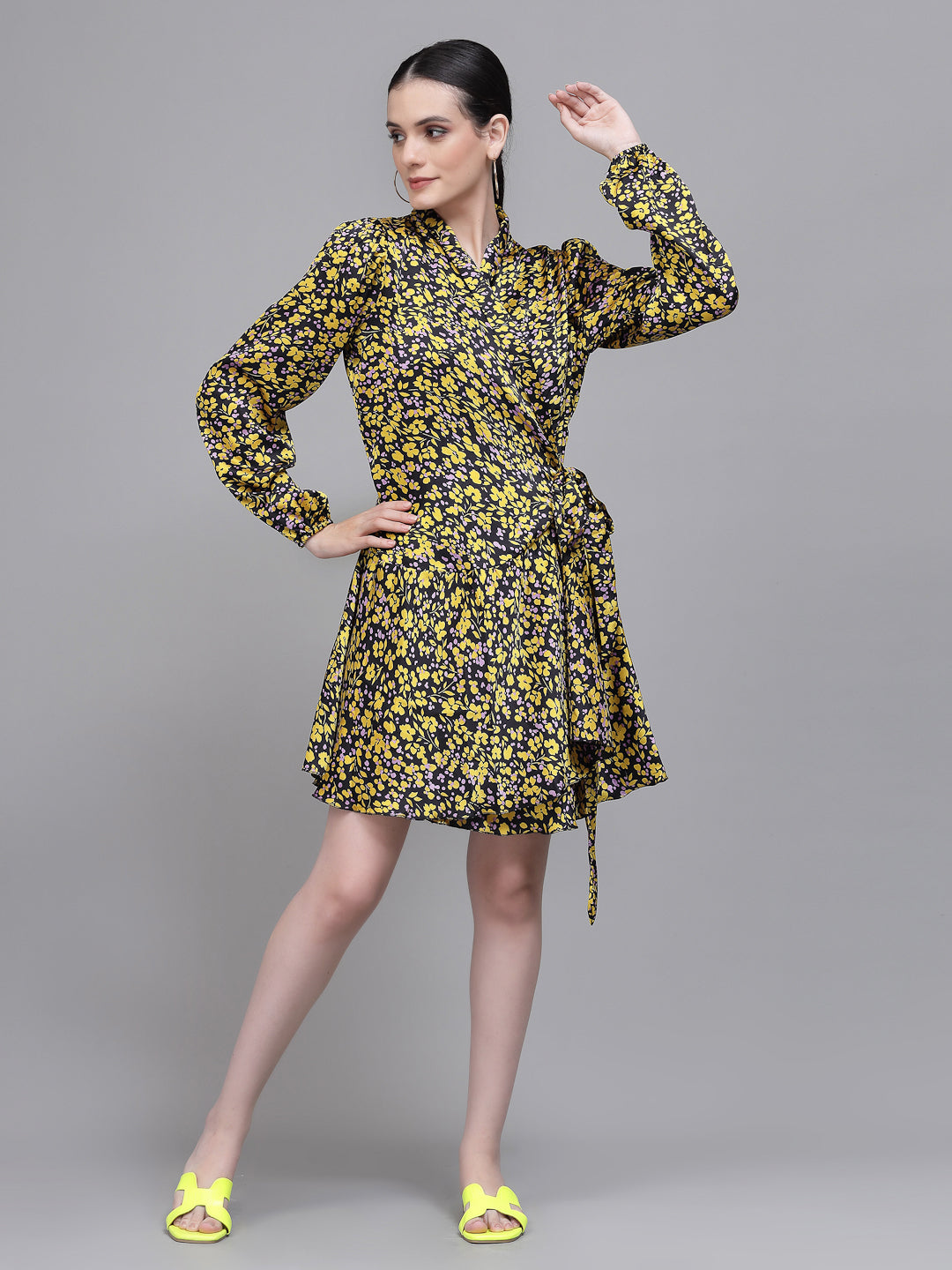 Women Yellow Collar Neck Printed Wrap Dress