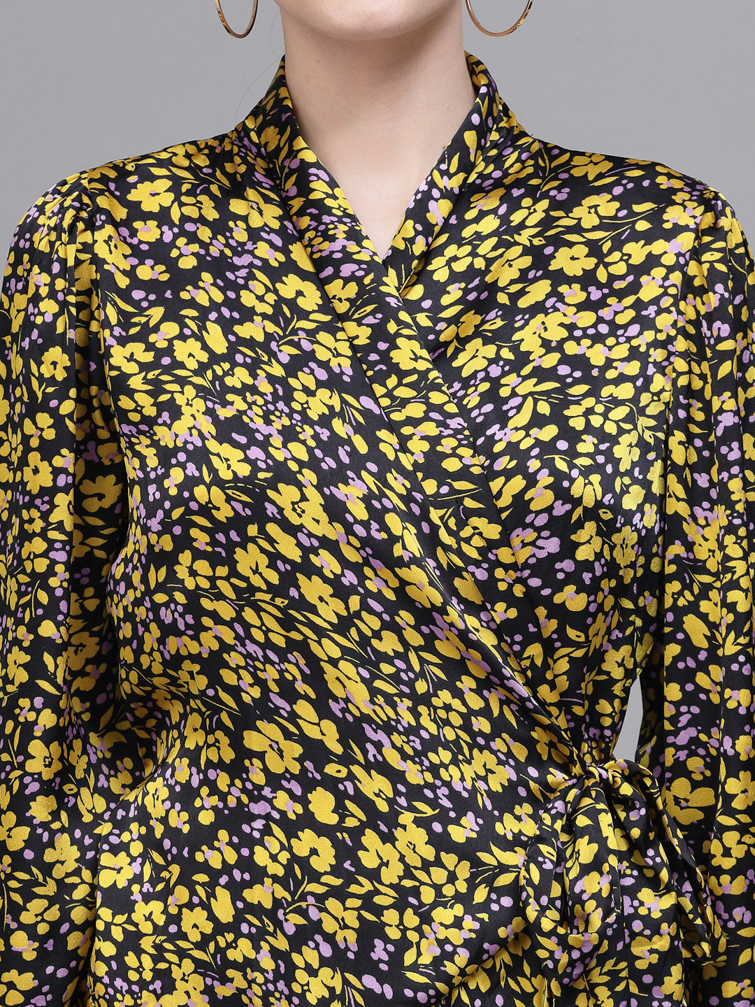 Women Yellow Collar Neck Printed Wrap Dress