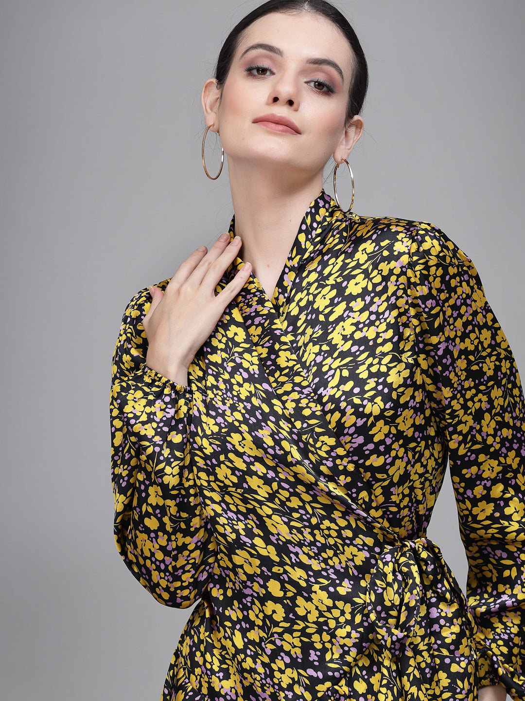 Women Yellow Collar Neck Printed Wrap Dress