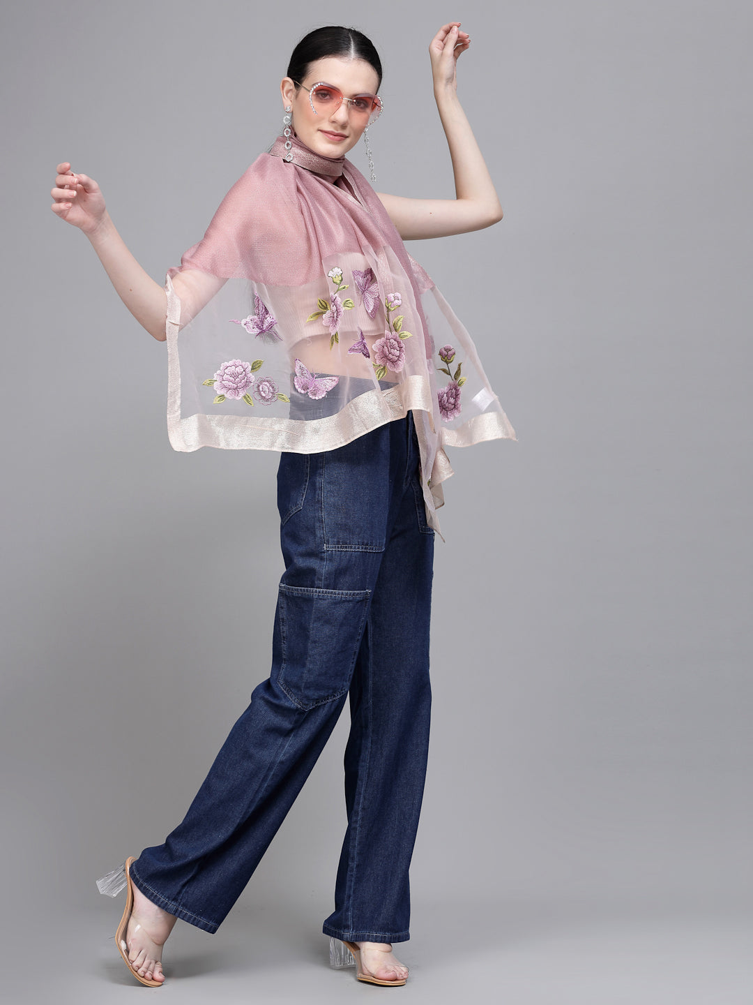 Women Pink Floral Embroidered Transparent Stole
