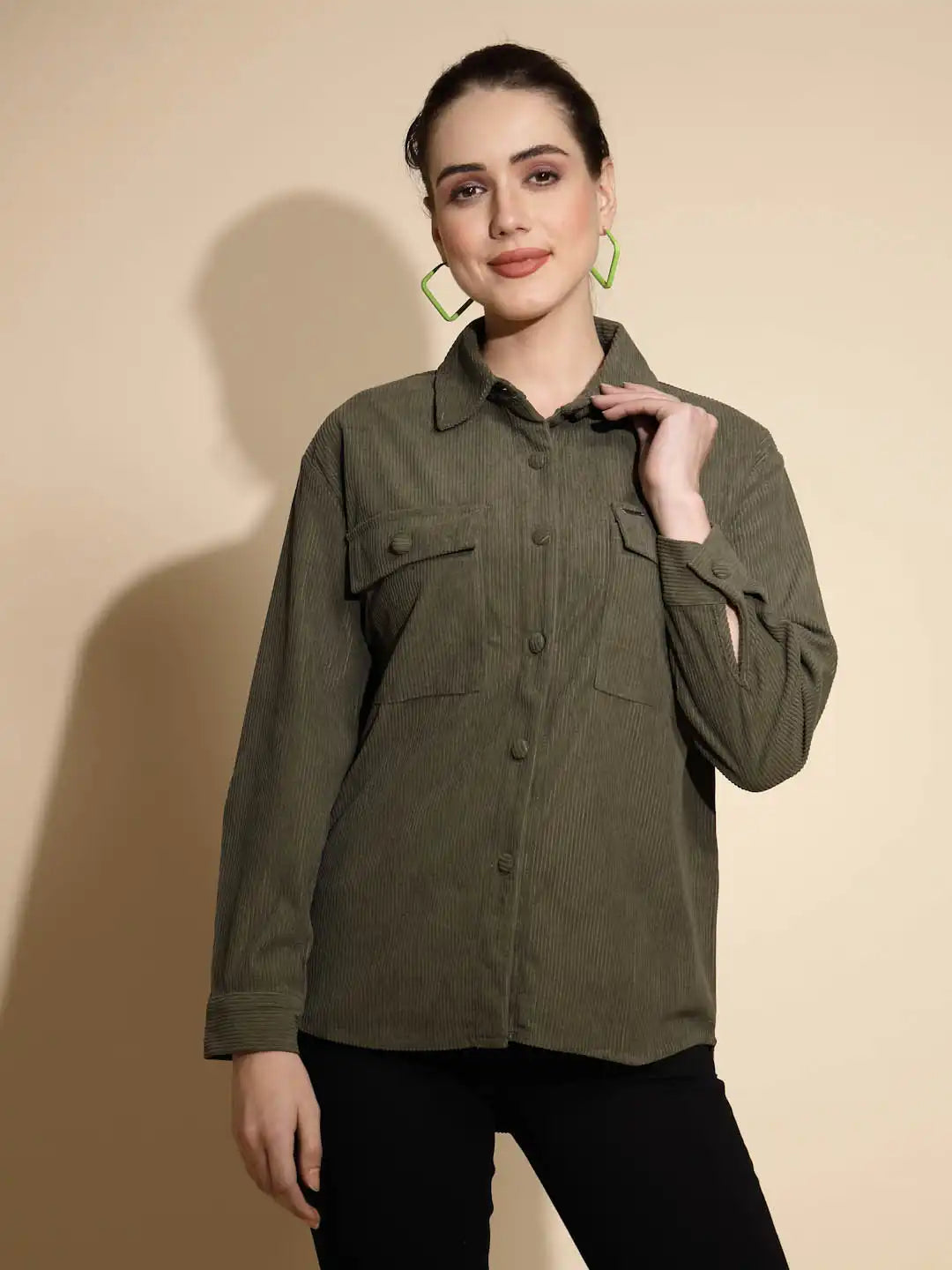 Olive Solid Full Sleeve Collared Neck Cotton Shirt