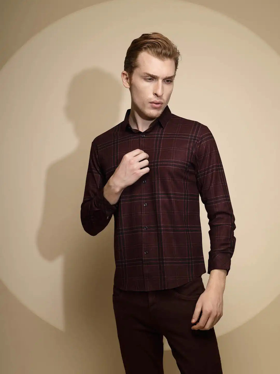 Wine Full Sleeve Collared Neck Check Shirt
